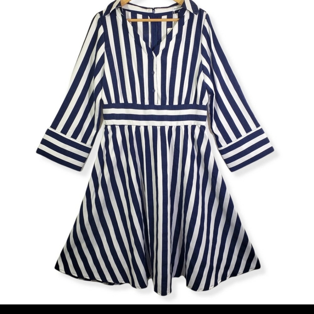 MARINA KANEVA Women's 14 Navy, White Fit & Flare, Collared, Wide Band Dress NWT